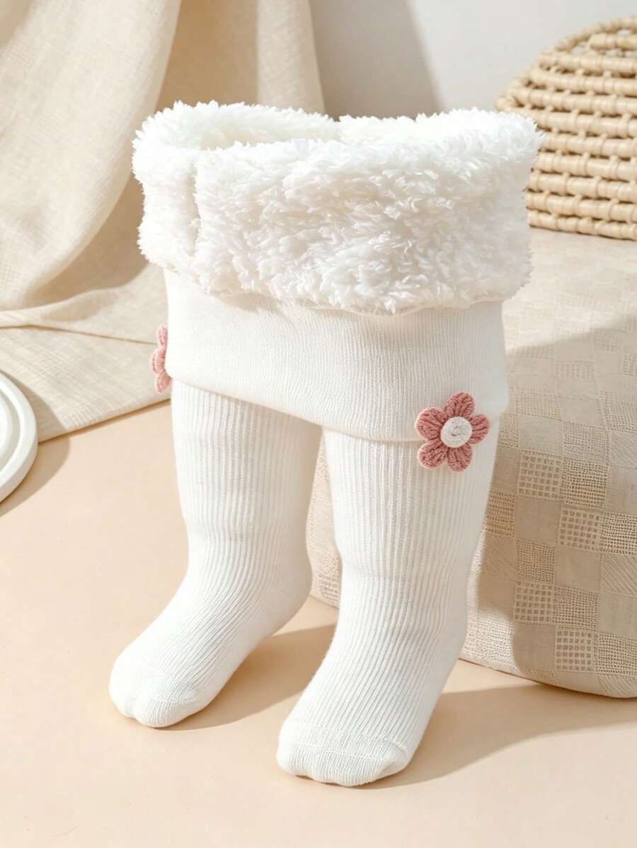 1 Quần tất lót nhiệt dày họa tiết hoa cho bé gái, thích hợp cho bé mới biết đi/bé gái mặc thường ngày vào mùa đông - trắng - Xem 1