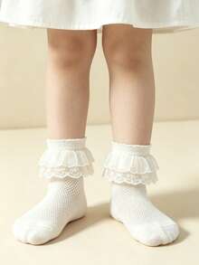 5 Pasang Kaos Kaki Dansa Katun Bernapas Berbahan Jala Warna Polos untuk Anak Perempuan, Kaos Kaki Kasual Gaya Putri dengan Hiasan Renda untuk Balita - MultiWarna - View 5