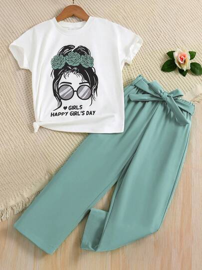 2pcs/Set Girls Summer Thin Outfit, Eyeglasses Print Short Sleeve Breathable Round Neck Top + Solid Color Straight Leg Pants, Fashionable & Casual For Tween Girl, Children Summer Clothes