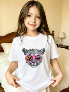 Cheetah With Sunglasses Pattern T-Shirt For Girls - White - View 1