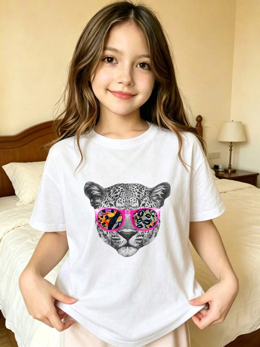 Cheetah With Sunglasses Pattern T-Shirt For Girls - White - View 1