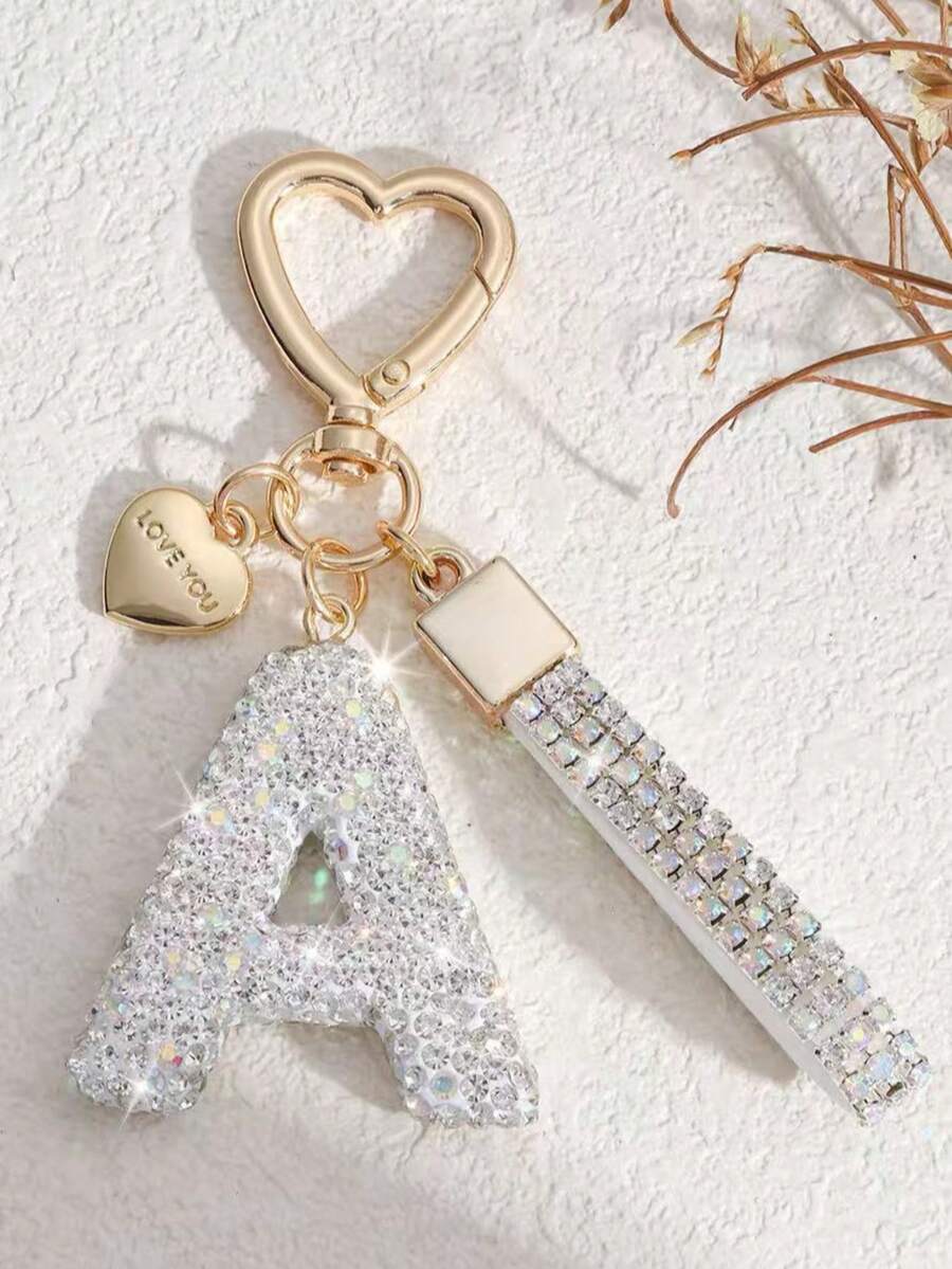 1pc White Soft Pottery Letter Rhinestone Keychain, Cute Personalized Bag Charm, Car Key Chain, Heart Decor, Gift For Mom, Friend, Valentine's Day - White - View 1