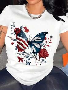 Camiseta de manga corta oversize para mujer con estampado de la bandera americana - Una camiseta cómoda y casual de manga corta y cuello redondo, adecuada para uso diario y para combinar con ropa a la moda. 100% algodón. - Blanco - Ver 1