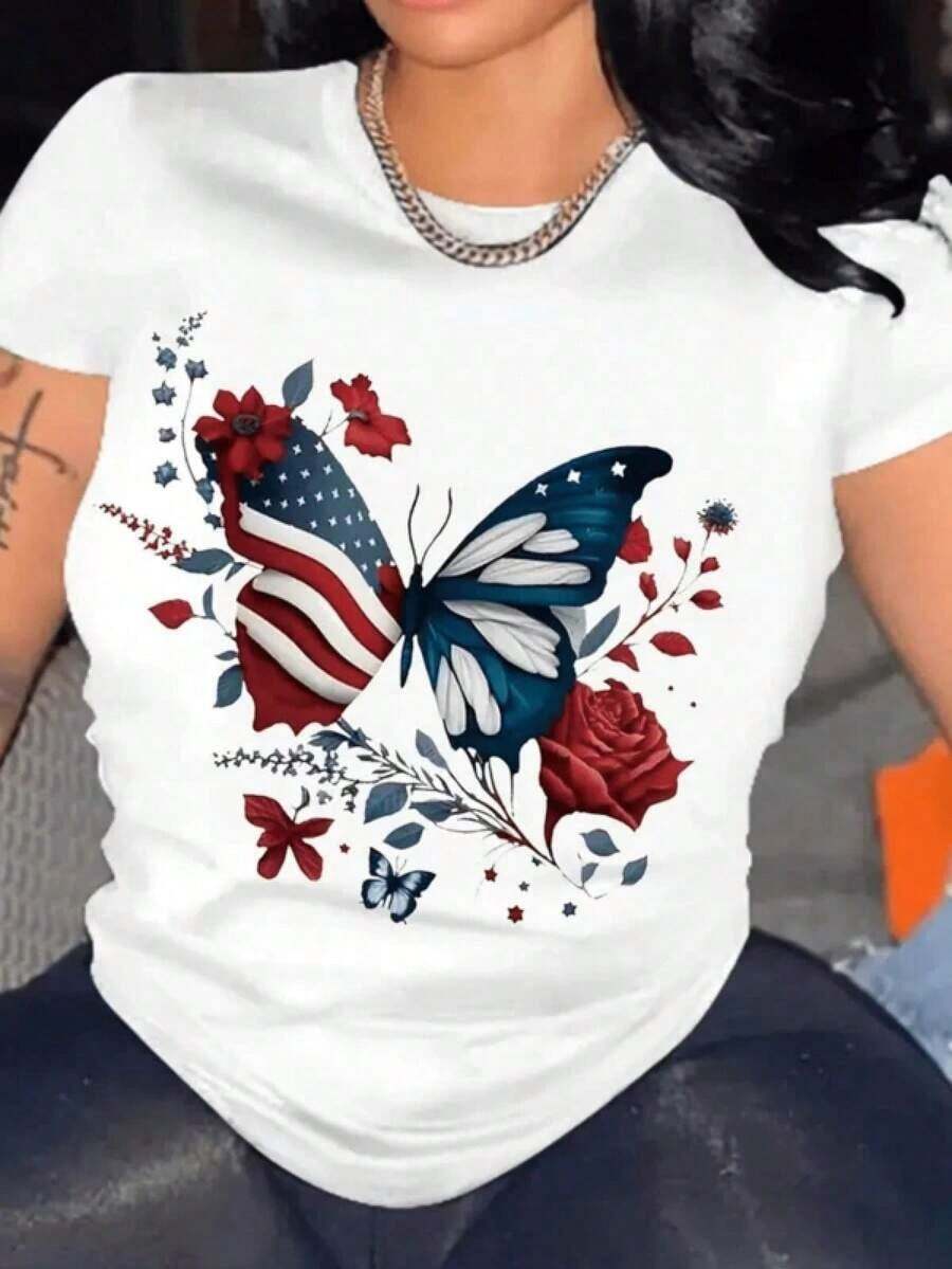 Camiseta de manga corta oversize para mujer con estampado de la bandera americana - Una camiseta cómoda y casual de manga corta y cuello redondo, adecuada para uso diario y para combinar con ropa a la moda. 100% algodón. - Blanco - Ver 1