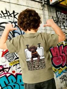 Young Boy Casual Graphic Print Crew Neck Short Sleeve T-Shirt, Summer Top - Olive Green - View 4