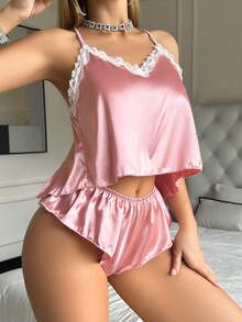 Ning xue yan ying Conjunto de 2 piezas de ropa de dormir para mujer de satén sin espalda con diseño cruzado, encaje floral con empalme, escote en V, ribete de lechuga, ropa de estar en casa, ropa de otoño, lencería sexy, pijamas - Rosa - Ver 5