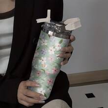 1個 30盎司 薄荷綠蝴蝶與花卉主題不鏽鋼保溫杯，甜美田園少女風設計，全天保持飲品最佳溫度 - 綠色-白花 - 查看 5