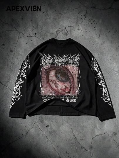 Amerikanischer dunkler Streetstyle Augen-Muster Langarm T-Shirt, Herren Gothic Metal Schrift Graffiti Distressed Loose Fit schwarzes Top