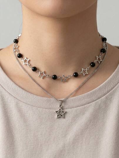2pcs Gothic Punk Black Faux Pearl Star Necklace, Pentagram Pendant, Cross Pendant, Pendant Necklace, Double Layer Necklace, Suitable For Men