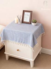 Tokoto Blue Gingham Tablecloth With Tassel Fringe, Farmhouse Cotton Linen Table Cover For Dining Table, Nightstand & Coffee Table Decor, Rustic Boho Plaid Style - Blue - View 3
