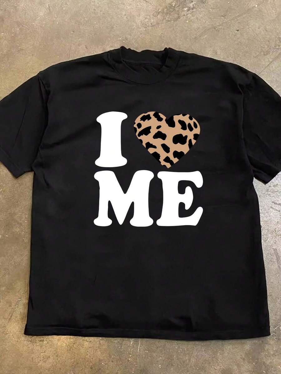 Primavera Grafica Unisex T-Shirt – 100% Cotton, Mid-Length, With Heart And Leopard Print And "Ukraine" Lettering, Loose, Casual, Short-Sleeved, Versatile, Classic - 黑色 - 查看 1