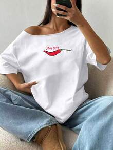 Hot Girl Hot Girl 圖案不對稱肩寬鬆大版短袖 T-Shirt 上衣 女款 夏季白色休閒 - 白色 - 查看 2