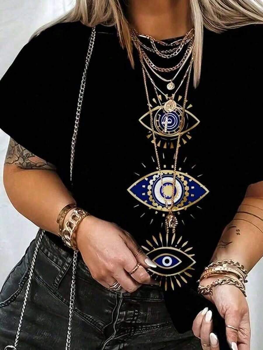Playera De Cuello Redondo Con Estampado De Ojo Malévolo, Playera Casual De Manga Corta Para Primavera Y Verano, Ropa De Mujer Camiseta casual de mujer estilo gráfico relajado con cuello redondo y manga corta para primavera-verano uso diario Regalo perfecto para amigos, familiares y amantes de la moda - Negro - Ver 1