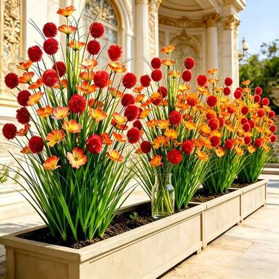 12 Sets Large Size High Quality Outdoor Artificial Greenery Bouquets, Red & Orange Artificial Flower Bouquets, Waterproof Artificial Flowers For Garden Balcony, Yard Balcony Garden Decor, Suitable For Wedding, Mother's Day And American Independence Day