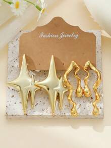 4/6/16 piezas Conjunto de aretes elegantes de moda en dorado, incluye diseños de moño, aro, círculo, corazón, estrella, onda, forma de C, adecuado para uso diario y regalos festivos - Dorado - Ver 12