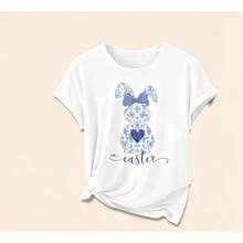Women's 3-Piece Short-Sleeve T-Shirt Set With A Blue And White Porcelain Heart And Rabbit Print, Retro Style, Round Neck, Comfortable, Fashionable For Spring, Summer, And Fall 2026. Suitable For Everyday Wear, Casual Parties, And Elegant Women's Clothing. Simple, Loose, And Versatile Top. Sizes S-XXL. - 白色 - 查看 2