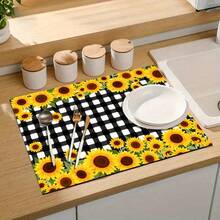 1 pieza Estera de secado de platos con estampado de girasol y cuadros, de alta absorción y secado rápido, almohadilla decorativa de drenaje para mesa de comedor, cafetería, encimera de cocina, regalo versátil para el hogar, decoración de escritorio - XYLSD-404 - Ver 9