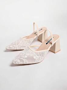 New Chinese Style White High Heel Mules, Pointed Toe Lace Embroidery Convertible Sandals For Women - White - View 2