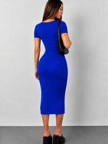 MHG Vestido Midi Ajustado Mujer Tela Rib Acanalada Manga Corta Casual Elegante Stretch Moldea Figura Moda Viral - Azul - Ver 3