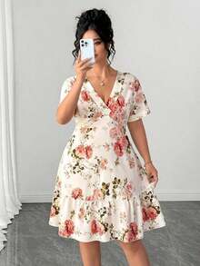 Vestido floral de escote en V para mujer talla, falda suelta tipo babydoll en línea A, perfecto para bodas de verano y primavera, vestido elegante para fiestas, vestido primaveral para vacaciones occidentales, conjunto de verano para mujer, vestido romántico. - Multicolor - Ver 4