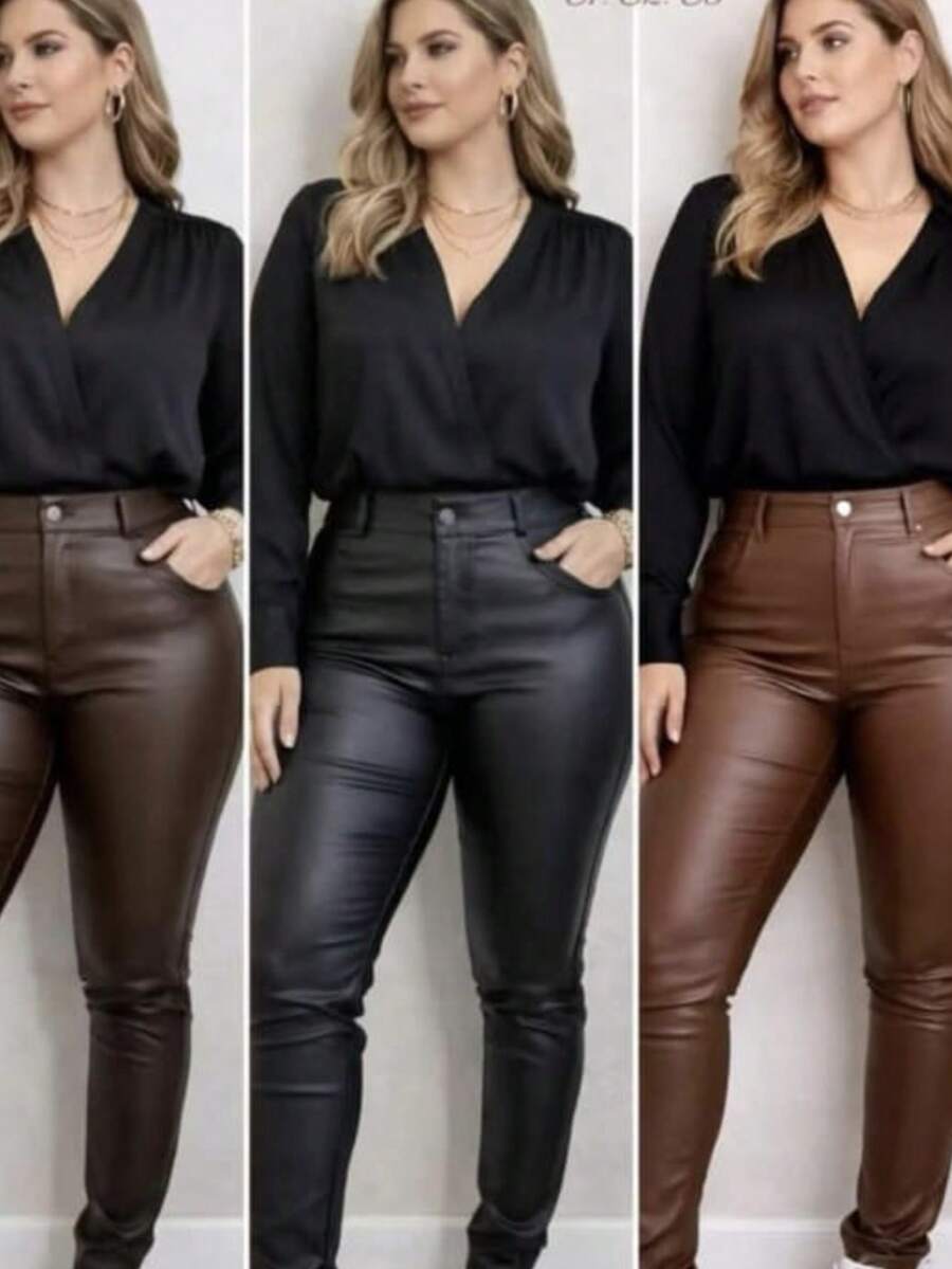 Women's Plus Size Skinny Coated Pants With Elastic Waistband, Zipper, And Pockets. - màu nâu - Xem 1