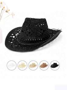 1pc Solid Color Casual Hollow-Out Decor UV Protection Woven Panama Hat, Versatile Western Cowboy Sun Hat, Suitable For All Seasons, For Women - Panama Straw Hat - View 8