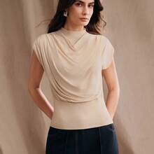 Top de mujer de cintura alta con diseño minimalista y plisado - Marrón - Ver 5