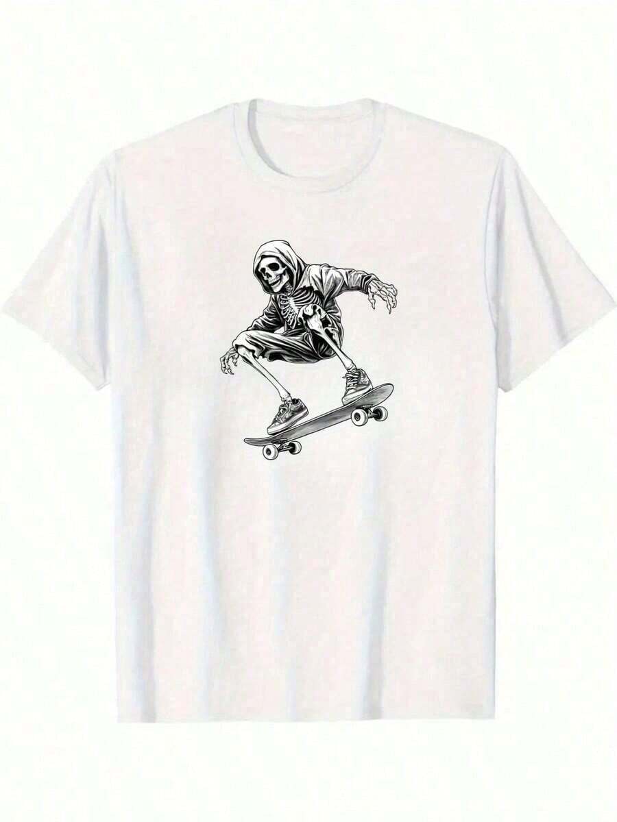 Men's Graphic Tee - Lightweight Crew Neck Tee For Skateboarding, Streetwear, And Everyday Wear - All-Season Essential Tee For Men And Teens - Easy-To-Match Basic, Skate Tee, Urban Fashion, Modern Design, Breathable Fabric, Short Sleeve Tee, Young Adult Summer Outfit, Urban Style, Comfortable Fit, Printed Tee, Teen Clothing - 白色的 - 查看 1