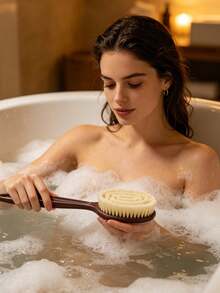 1pc Double-Sided Long Handle Bath Brush, With Soft And Hard Bristles, Suitable For Bathing Or Dry Brushing, Body Exfoliation - Multicolor - View 3