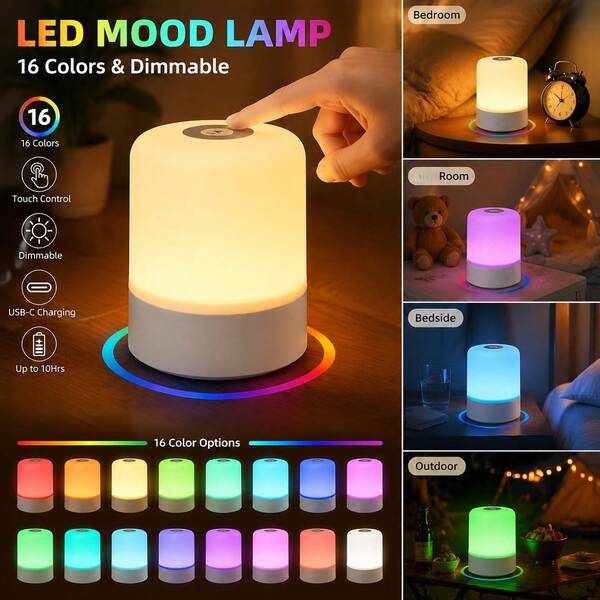 Đèn ngủ cảm ứng RGB 16 màu, đèn đọc sách LED di động có thể điều chỉnh độ sáng, thích hợp trang trí phòng ngủ, phòng tắm và phòng khách.
