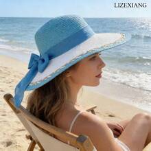 Stylish Straw Hat With Bowknot,Hats For Women,Beach Hats For Women,Elegant Women's Sun Hat, Beach Sun Protection Hat, UV Protection Hat - 淺藍色 - 查看 5