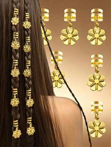 10pcs Flower Pendant Hair Clips, Gold Braided Hair Rings, Hip Hop Style Dreadlock Decorations - Gold - View 1