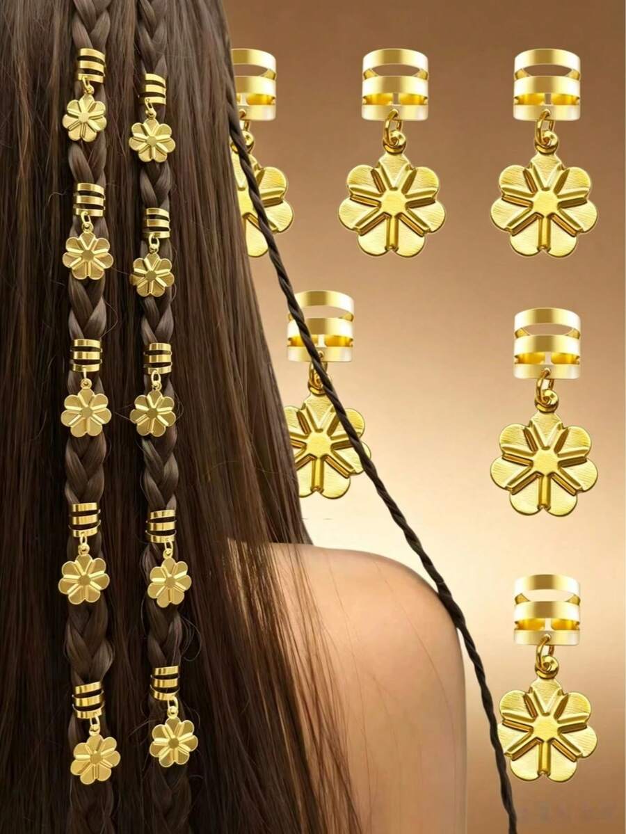 10pcs Flower Pendant Hair Clips, Gold Braided Hair Rings, Hip Hop Style Dreadlock Decorations - Gold - View 1