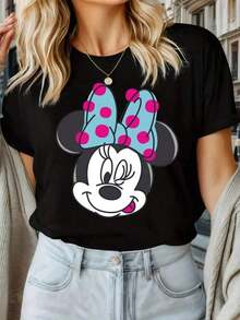 Disney Minnie Mouse Series Graphic Print Casual Fashion Short Sleeve T-Shirt, Stretchy, Opaque, Easy Care Fabric, Suitable For Daily Wear - màu đen - Xem 3