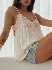 Women's Summer Solid Beige Sexy Sheer Bohemian Textured Lace Trim Camisole Top, Suitable For Daily Outings, Summer Beach Vacation, Dates, Parties - Apricot - View 4
