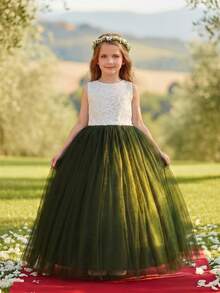 Tween Girl White Lace Patchwork Contrast Color Mesh Sleeveless Dress, Flower Girl Wedding Party Formal Gown - Dark Green - View 4