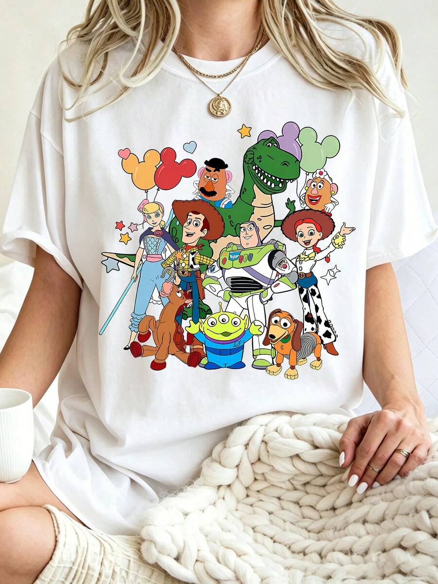 Breathable Cotton Toy Story Fan Tee | Toy Story Full Group With Mickey Balloons Print | Theme Park Disney Pullover Shirt - 白色 - 查看 1