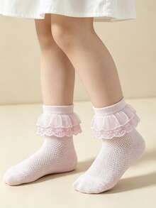 5 Pasang Kaos Kaki Dansa Katun Bernapas Berbahan Jala Warna Polos untuk Anak Perempuan, Kaos Kaki Kasual Gaya Putri dengan Hiasan Renda untuk Balita - Baby Pink - View 2