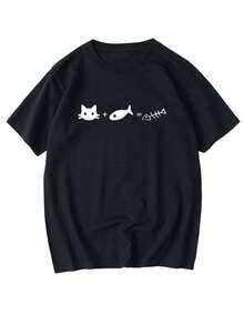Casual Short-Sleeved Printed T-Shirt. 100% Cotton. Funny Cat Math Formula T-Shirt - Short-Sleeved Cotton Tee With Feline Equations, Suitable For Pet Owners And Math Enthusiasts - Casual Summer Wear, Machine Washable, With A Round Neck. Spring And Summer Top. - Black - View 1