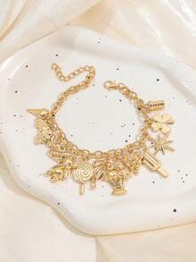 1pc Gothic Style Butterfly Heart Letter Bear Pendant Bracelet, Hip-Hop Street Style Bracelet For Women - Gold - View 3