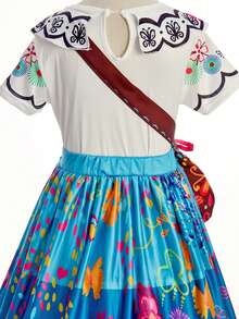 3PCS Girls Dress Set, Children Short Sleeve Princess Dress, Girls Costume Dress Up, Kids Printed Dress Cute Dress, Holiday Celebration Gown (With Bag) - Blue - View 5