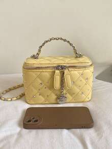 1pc BEIKAMU Rhombus Pattern Handbag Box Design, Fashionable Lipstick & Coin Purse, Elegant Chain Shoulder Crossbody Bag - Yellow - View 4