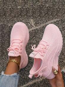 2025 New Women Solid Color Lace-Up Slip-On Sneakers, Wear-Resistant EVA Insole Tennis Shoes For Sports Hiking Autumn Winter Daily Wear - 淺粉色 - 查看 3