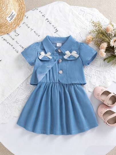 2pcs Baby Girl Sweet Fashion Collar Short Sleeve Bow Jacket Top Paired With Cute Strap Vest Dress 2-Piece Outfit, Suitable For Daily, Outdoor, School, Commute, Beach, Photography