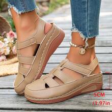 Women's Round Toe Stitched Wedge Thick Sole Hollow Out Hook And Loop Flat Sandals, Summer Outdoor - Apricot - View 8