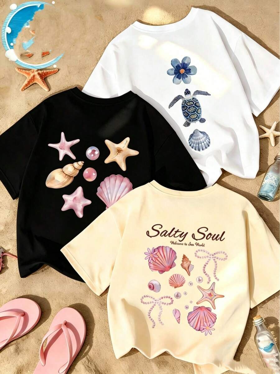 3-Piece New Fashion Styles Casual Cotton T-Shirt For Women. Sporty And Suitable For Spring, Summer, Autumn, And Winter Wear. Women's Short-Sleeved, Round-Neck, Fitted, And Cropped T-Shirts With A Minimalist Tropical Print, Perfect For Relaxed Vacations And Featuring Hibiscus, Frangipani, Starfish, And Pearl Shell. Suitable For Summer. - 黑色 - 查看 1