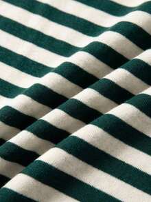 Camiseta casual de verano para mujer con cuello redondo, mangas medianas, rayas y cintura con cordón - Verde - Ver 2