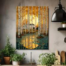 2D Plano, Bosque de Abedules Vintage y Sol Gigante - Póster de Lienzo Enmarcado en Madera de Abedul Dorado de Otoño, Montado Previamente, Bosque Romántico de Abedules Adecuado para Decoración de San Valentín, Pascua, Año Nuevo - Decoración Económica para Habitaciones, 2D Plano - Enmarcado - Ver 4