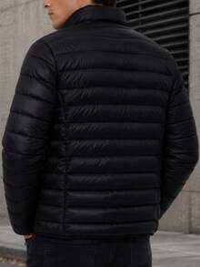 Men's HPC Polo Fleece Puffer Jacket, Warm, Casual, Basic, No Hood, Youthful And Modern Style, Ideal For Winter Or Cold Weather - 黑色 - 查看 2