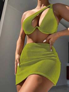 Swim Conjunto de bikini acanalado Sujetador con aros recortado y parte inferior de corte alto y falda de playa Traje de baño de 3 piezas - Verde lima - Ver 3